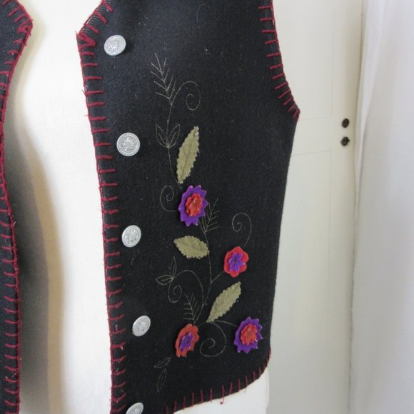 Lemon Grass Vest Vintage Black Fall Wool Blend Appliqued Flowers Autumn Medium - Picture 2 of 10